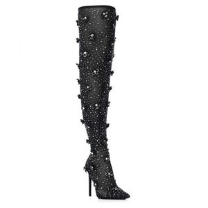 Azalea Wang Marlowe-Black Embellished Mesh Boot Sz 8.5
